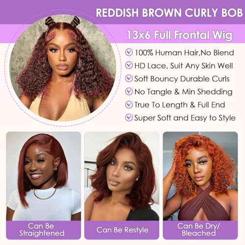 18 Inch Reddish Brown Curly Bob Wig Human Hair 13x6 Frontal Lace Wig 200% Density Lace Front Wigs Human Hair Pre Plucked Bob Wigs for Black Women 33#