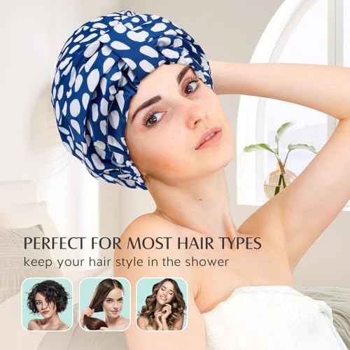 YFONG Reusable Shower Cap for Women, Waterproof & Durable Bath Cap with Double layer Lined, Adjustable Hair Cap for All Hair Lengths, Large Bathing Hat (blue)