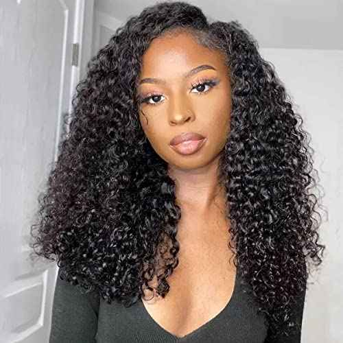 ISEE V Part Human Hair Kinky Curly Minimal/No Leave Out Upgrade U Part Wig for Black Women Human Hair V Shape Wig Kinky Curly Thin Part Glueless Clip In Half Wig 180% Density Natural Color 18 Inch