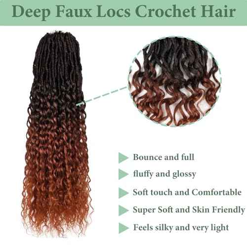 Deep Faux Locs Crochet Hair 30 Inch 8 Packs Goddess Locs Crochet Hair T350 Soft Loc Faux Loc Crochet Braids with Curly Ends Prelooped Deep Wave Croceht Braids for Black Women(Black mixed Ginger)