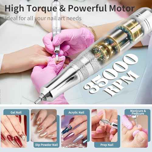 Electric Nail Drill File, Professional Portable Nails Drills Kit with Rechargeable Base 7 u?as Bits, Cordless Efile for Poly Gel Acrylic Nails Remover Home Salon Pedicure Manicure Tool, White