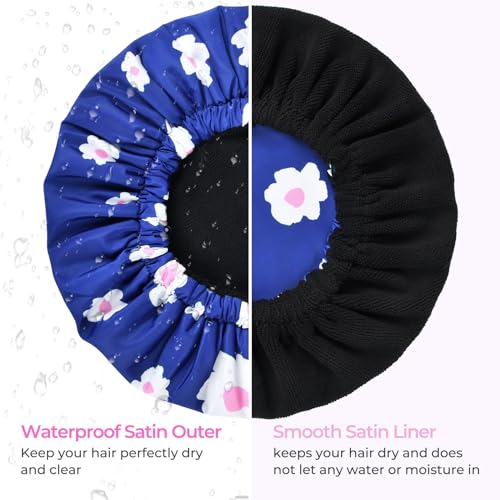 Shower Cap for Women Terry Lined Bath Cap Large Reusable Waterproof Elastic Band Blue Shower Caps for Long Thick Hair Soft Bath Shower Hair Caps