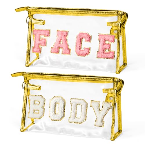 EZdhuawuse Clear Travel Toiletry Bag - 2Pcs FACE BODY Transparent Makeup Bag Large Capacity Gold Travel Pouch Waterproof Cosmetic Bag Clear Letterst Sunscreen Bag Travel Accessories for Women Girls