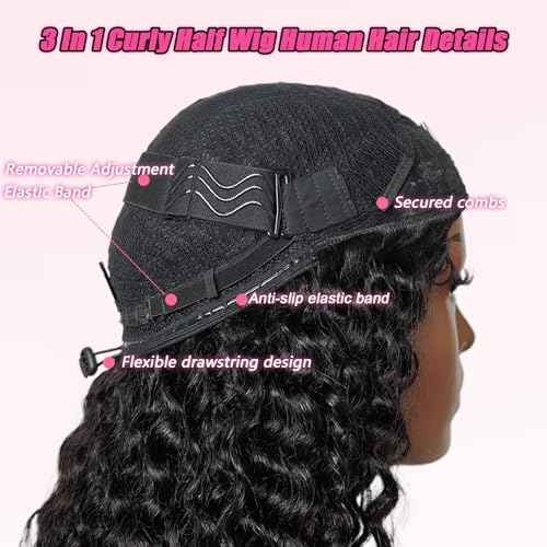 SENSAIRUITE Deep Wave Half Wig Human Hair Curly Half Wigs for Women - Upgrade Drawstring 3 in 1 Seamless Flip Over Glueless Wig 14-inch Natural Black