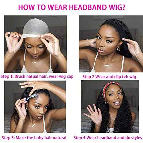 WENYAN Headband Wig Human Hair Deep Wave 16 Inch Wigs for Black Women Glueless None Lace Front Curly Wave Wig Brazilian Virgin Hair Wear and Go Wigs Machine Made 150% Density Natural Color