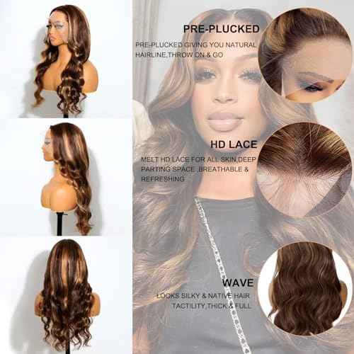 HD Transparent Lace Front Wig Human Hair 28Inch 13x4 Highlight Lace Frontal Wigs Human Hair Pre Plucked 180% Density 4/27 Honey Blonde Body Wave Wigs for Women