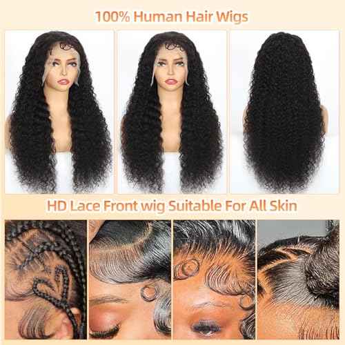 32 Inch Deep Wave Lace Front Wigs Human Hair 200 Density 13x4 HD Transparent Lace Frontal Wigs Human Hair Pre Plucked Deep Curly Glueless Wigs for Black Women Natural Color