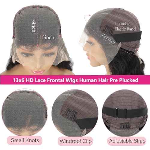 13x6 Deep Wave Lace Front Wigs Human Hair 200% Density HD Lace Frontal Wigs Glueless Curly Wigs Human Hair Pre Plucked with Baby Hair Wet And Wavy Wigs for Black Women 26 inch