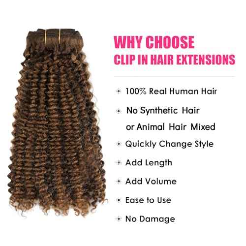 Kinky Curly Clip in Hair Extensions 120g Double Weft Curly Hair Extensions #P4/27 Dark Brown Highlight Blonde Kinky Curly Clip ins Remy Human Hair Clip in Extensions 7Pcs 18 Inch