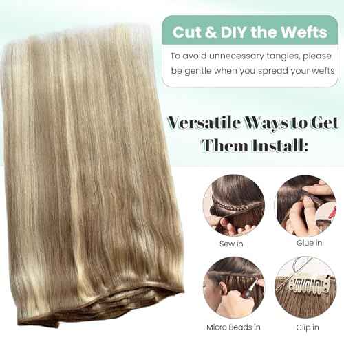 Weft Hair Extensions Real Human Hair Bundles Highlight Blonde Sew in Hair Extensions 18 Inch 100G Soft Natural Beige Blonde and Platinum Highlights Human Hair Weft Weave Bundles for Women
