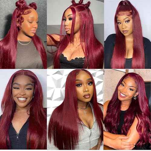 99J Burgundy Lace Front Wigs Human Hair 13x6.5 HD Burgundy Colored 250% Density Glueless Straight Wigs Human Hair Pre Plucked with Baby Hair (20 inch)