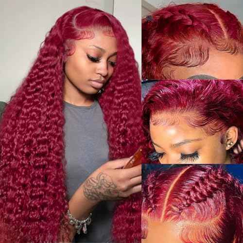 Burgundy Wig Human Hair 99j Burgundy 13x6 Deep Wave Lace Front Wigs Human Hair Pre Plucked HD Transparent Lace Frontal Wigs for Black Women Red Colored Wig 24 Inch