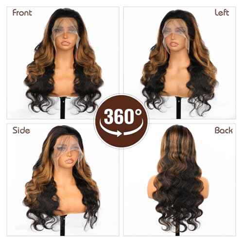 IDHERE Highlight Ombre 1B/30 Brown Transparent Lace Frontal Wig Human Hair Body Wave 13x4