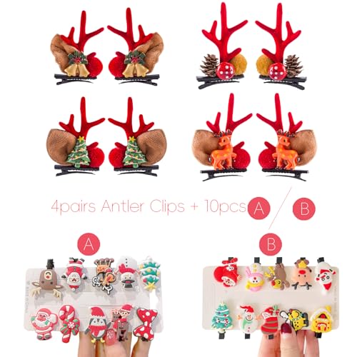 18PCS Cute Reindeer Antler Headdress Hairpin for Christmas Party Hair Clips 8PCS Deer Antlers Ear Headband Hairpins and 10 PCS Small Mini Xmas Party Clips Accessories Set A