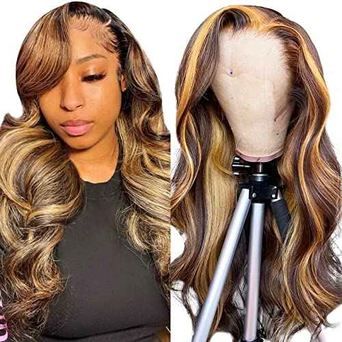 13x4 Highlight Ombre Lace Front Wig Human Hair Pre Plucked 4/27 Honey Blonde HD Transparent Colored Lace Frontal Wigs For Women with Baby Hair 200% Density Body Wave Lace Front Wig (16 Inch)