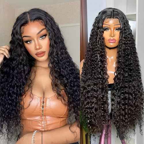 HD Transparent Lace Frontal Wigs Human Hair Deep Wave Wig 13x6 Lace Front Wigs Human Hair Pre Plucked 180 Density Curly Wigs for Black Women Natural Hairline Natural Color 24 Inch