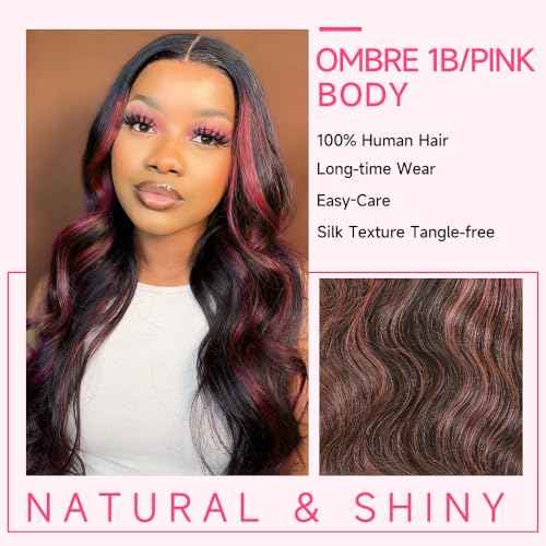 28 Inch Skunk Stripe Human Hair Wig 200% Density Pink and Black Wig 13x4 Body Wave Lace Frontal Wigs Human Hair Pre Plucked Pink Human Hair Wigs With Baby Hair
