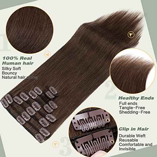 S-noilite Clip in Human Hair Extensions Full Head 8 Pieces/Set Long Straight Silky Soft Clip on Hair (18"-100g #4 Medium Brown)