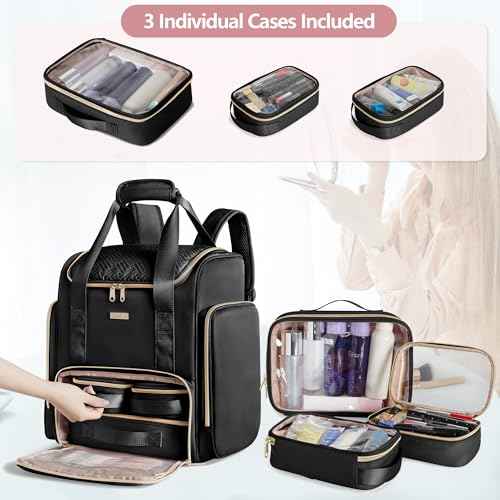 Large Makeup Backpack with 3 Clear Makeup Bags, Double Layers Professional Makeup Travel Case with Brushes Storage Section for Makeup Artists