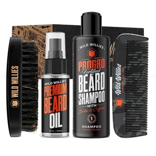 Wild Willies Beard Care Kit for Men - Beard Grooming Set with Oil, Shampoo, Comb & Brush - Men’s Care Set