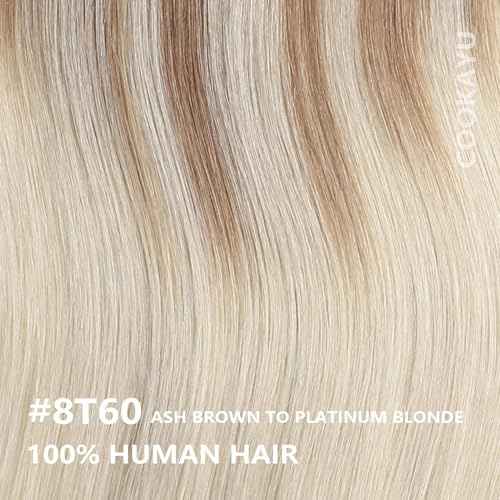 COOKAYU Clip in Hair Extensions Human Hair, 8/60 Ash Brown to Platinum Blonde Ombre Real Hair Extensions Clip in Human Hair, 20inch 120g 7Pcs