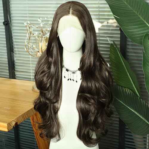SAPPHIREWIGS Dark Brown Long Wavy T-Part Lace Front Wig For Women Natural Looking Heat Resistant Black Synthetic Hair Wigs 26inch