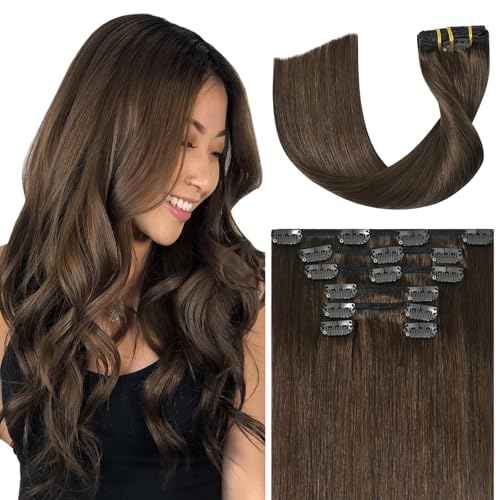 Ukira Brown Hair Extensions Real Human Hair, 18 Inch 75g 7pcs Medium Brown Clip in Hair Extensions Real Human Hair, Soft Natural Straight Remy Human Hair Clip in Extensions for Women