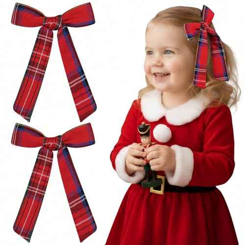 2PCS Christmas Hair Bows for Girls Red Plaid Hair Bow Clips Xmas Hair Accessories for Toddlers Kids Teens Children Girls Women
