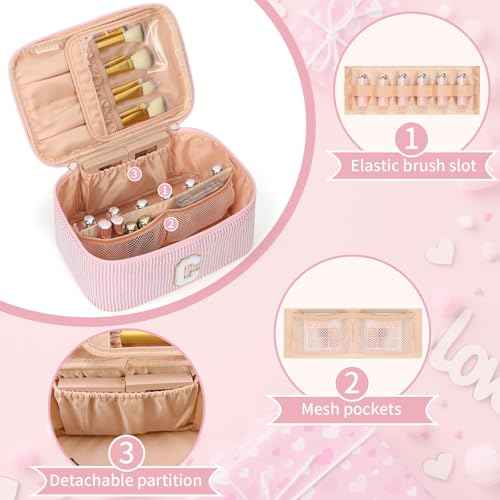 OCHEAL Makeup Bag for Women, Monogram Cosmetic Bag with Brush Holder, Pink Travel Makeup Case Beauty Toiletry Bag Organizer Personalized Gifts for Girls Bridesmaid, Sister, Wife, Friends Initial C