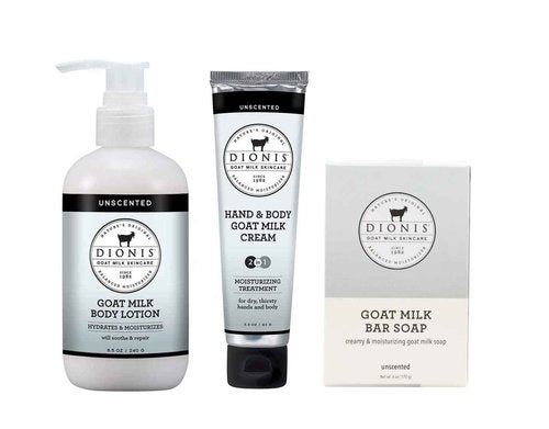 Dionis Goat Milk Skincare Unscented Lotion 8.5oz, Hand & Body Cream 3.3oz and Bar Soap 6oz Bundle