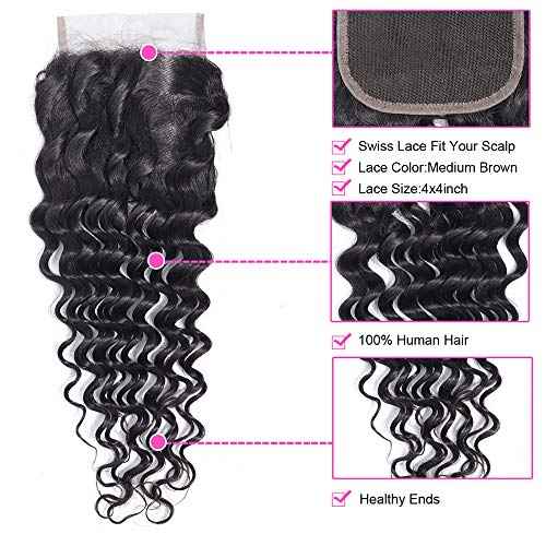 10A Deep Wave Human Hair Bundles with Closure(18 20 22+16 Closure) Brazilian Deep Weave Curly Human Hair 3 Bundles with 4x4 Lace Closure 100% Unprocessed Virgin Human Hair Bundle Natural Color