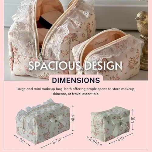 Floral Makeup Bag Set of 2 with Pearl Lace Bow + Silk Eye Mask, Coquette Accessories, Aesthetic Cute Makeup Bags for Women, Large & Small Pouch Set, Cotton Pouches for Purse, Gift Set for Women Girls