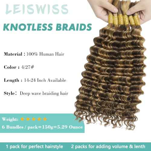 Human Braiding Hair 150g 14 Inch 6 Bundles/Pack Human Hair Braiding Hair No Weft Deep Wave Bulk Human Hair for Braiding Hair Extensions for Boho Braids Wet and Wavy P4/27#