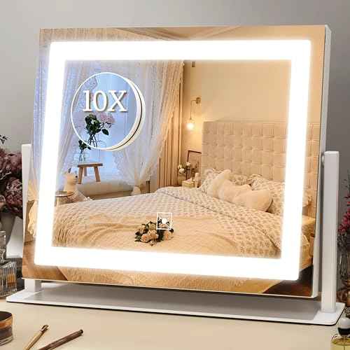 ROLOVE 16x12 Inch Vanity Mirror with Lights, Lighted Makeup Mirror with 10X Magnification, Smart Touch 3 Colors Dimmable, Dresser Mount, Bathroom (White)