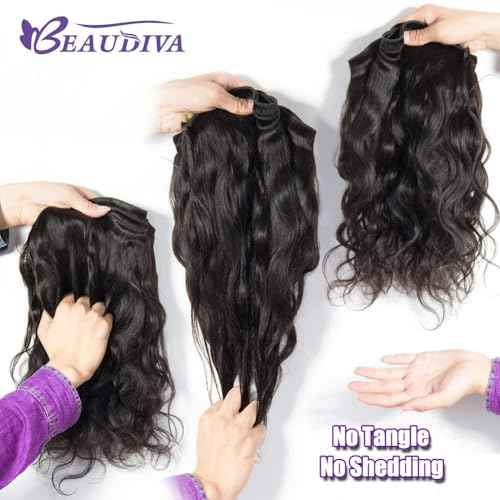 Real Human Hair Bundles Body Wave 16 18 20 Inch with 14 Inch Lace Closure, 3 Bundles Unprocessed Natural Black Remy Brazilian Virgin Cambodian Hair Wavy, 1b, No Tangle No Shedding
