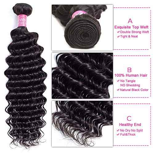 10A Deep Wave Human Hair Bundles with Closure(18 20 22+16 Closure) Brazilian Deep Weave Curly Human Hair 3 Bundles with 4x4 Lace Closure 100% Unprocessed Virgin Human Hair Bundle Natural Color