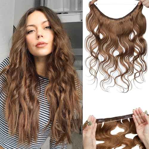 Benehair Halo Hair Extensions Real Human Hair, Brown Halo Hair Extension 100% Human Hair, Wavy Halo Extensions Human Hair, Curly Halo Extensions, Wire Hair Extension, Light Brown 65g/18inch