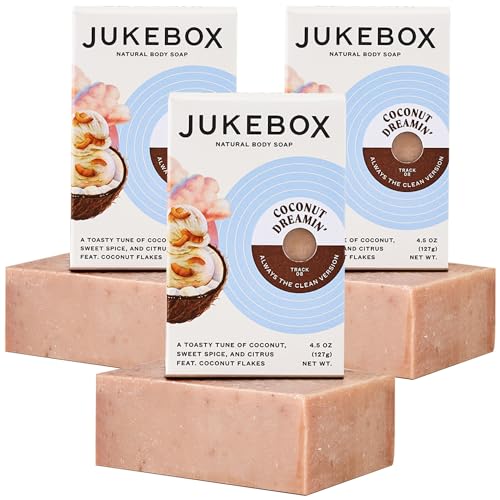 JUKEBOX Soap, Coconut Dreamin'-Natural Bar Soap for Women,Cold Process,Light Scrub, Bath Soap,No Harmful Ingredients,All Skin Types,Toasted Coconut,Sweet Spice,Citrus-A Dr. Squatch Brand-4.5oz, 3 Pack