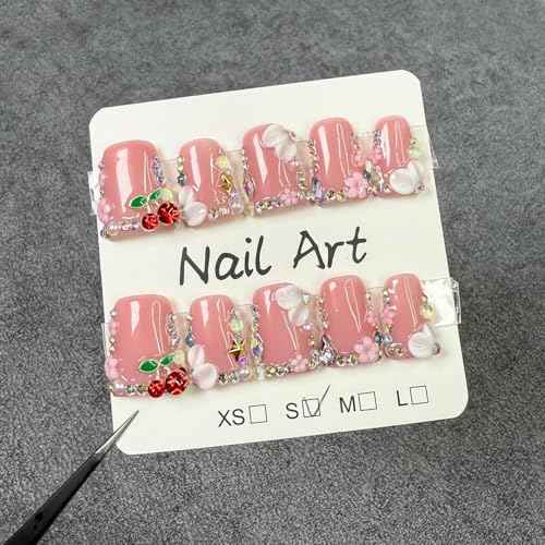 Duck Press on Nails Duck Handmade Press on Nails 3D Luxury Rhinestone Cherry and Pearl Acrylic Fake Nails Designs Flower Stick on Nails Full Cover Thickened False Nails for Women Nail Art DIY£¨M)
