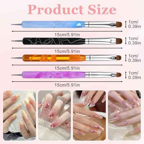 4 Pcs French Tip Brush Nail Art Brush Tools for Builder Gel Dotting Tools Kit Design Nail Polish Supplies Professional Manicure Cuticle Clean Up Small Detail Painting 3D Acrylic Brushes