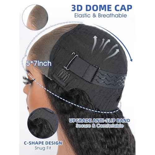 ORIGINAL QUEEN Kinky Straight Wig Wear and Go Glueless Wig Human Hair Pre Cut Pre Plucked 5X7 Large Lace Front Wigs Human Hair for Women 3D Dome Cap Beginner Friendly 16Inches