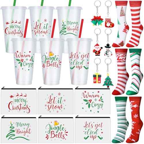 24 Pcs Christmas Gifts Set Include 24 oz Merry Christmas Plastic Tumbler Cup with Lids and Straw Makeup Cosmetic Bag Crew Sock Keychain for Xmas Party Favors Secret Sister Winter Gifts
