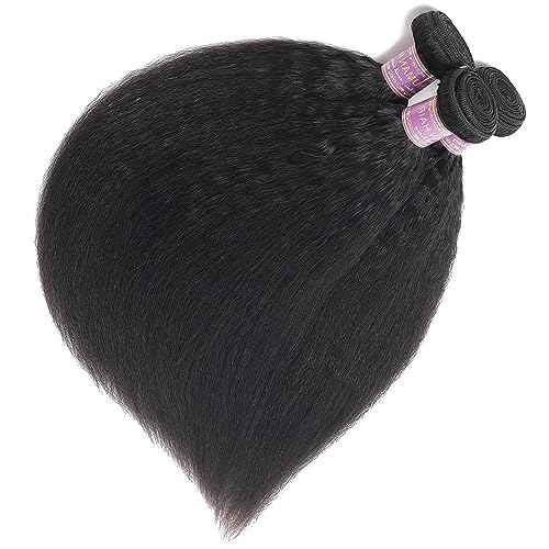 Kinky Straight Human Hair Bundles With 4x4 Lace Closure Free Part 16 16 16+14 Inch Natural Black 100% Unprocessed Brazilian Virgin Yaki Straight Hair Extensions (16 16 16+14Closure)