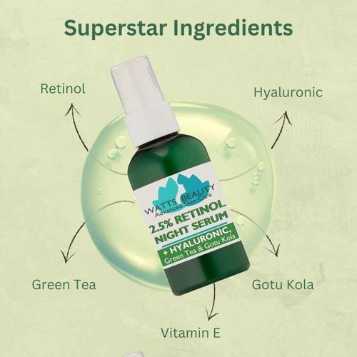 Watts Beauty 2.5% Retinol Serum with 50% Hyaluronic Acid - Anti Aging, Fine Lines, Wrinkles, Blemishes, Large Pores - No Parabens, No Animal Testing - 4.48oz