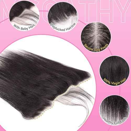 13x4 Lace Frontal Closure Straight Human Hair Ear to Ear HD Lace Free Part Brazilian Hair Extensions 0.095 mm Ultra Thin Invisible Lace Closure Pre Plucked Natural Hairline with Baby Hair 14Inch