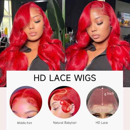 28 Inch Red Lace Front Wigs Human Hair 200 Density Red Body Wave 13x6 Lace Front Wigs Human Hair Pre Plucked 13x6 Colored HD Lace Frontal Glueless Wigs Human Hair for Women