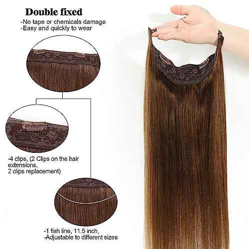 Star Show Hair Extensions Real Human Hair Chocolate Brown Hair Extensions Straight Human Hair Extensions with Transparent Wire Adjustable Size Line Hairpiece (20inch, Chocolate Brown #4)