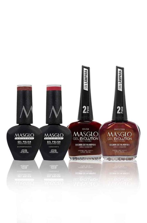 MASGLO Gel Evolution and Gel Polish Kit Scarlet Charm 4 PCs (2 Gel Polish and 2 Gel Evolution) - Kit 3 tonos Gel Evolution y 3 tonos semipermanentes