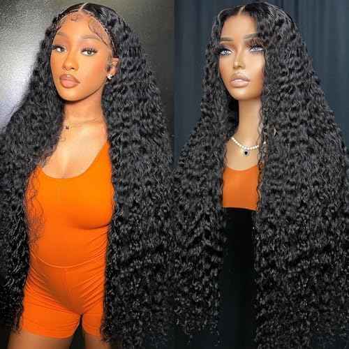 28 Inch Deep Wave Lace Front Wigs Human Hair 200% Density 13x4 HD Lace Front Wigs Human Hair Pre Plucked Deep Curly Wig for Women Natural Black