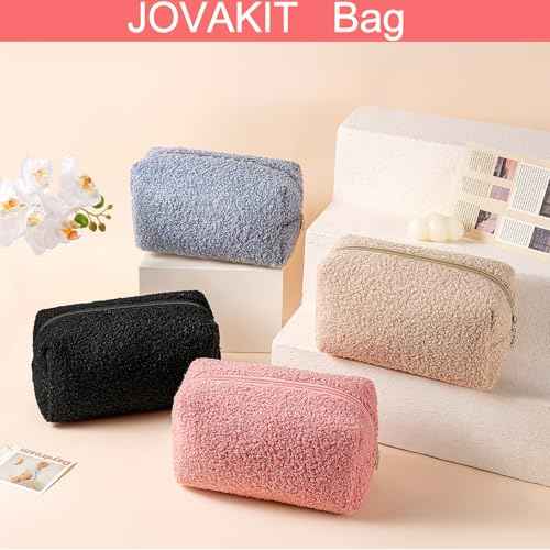 JOVAKIT Travel Makeup Bag Cosmetic Bag for Women, Fashion Christmas Gifts, Plush Zipper Make Up Pouch, Large Capacity Toiletry Organizer Makeup, Portable Storage Bag Trendy Stuff (White)